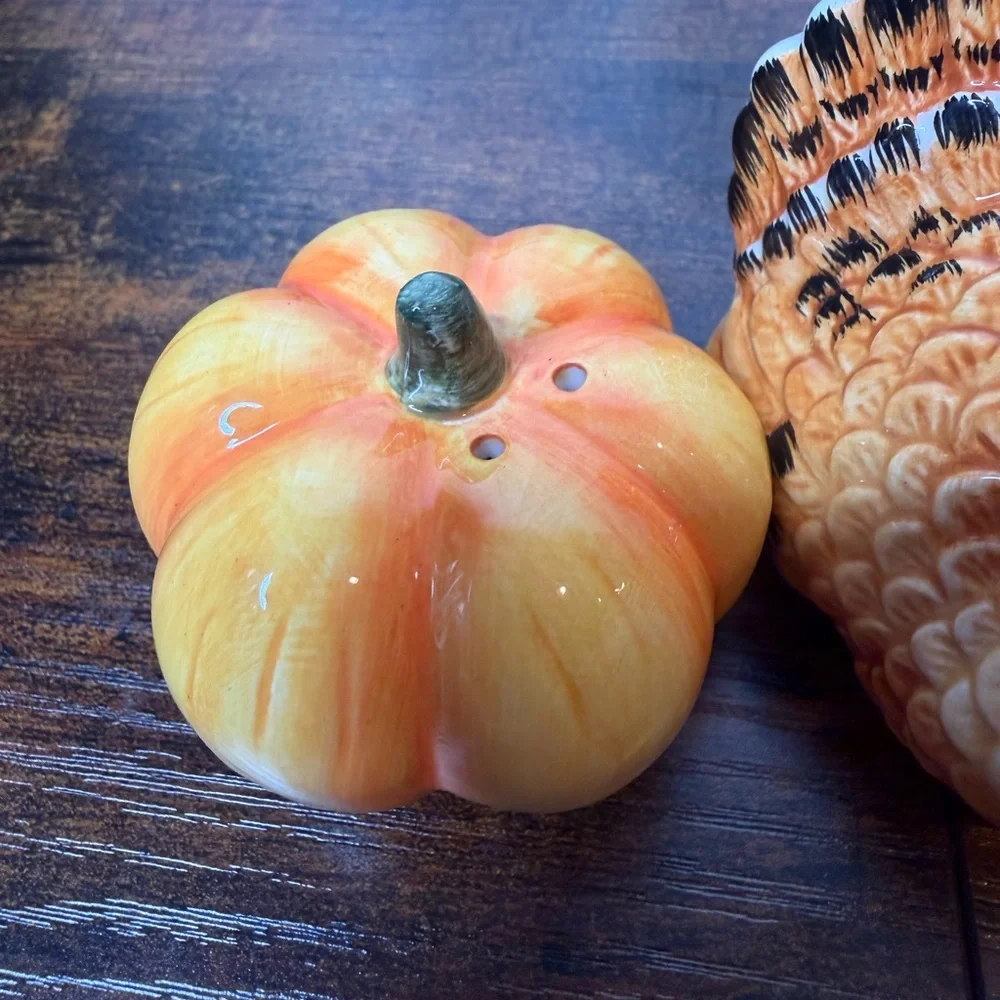 Ceramic Thanksgiving Turkey & Pumpkin Salt and Pepper Shakers - Orange Accent